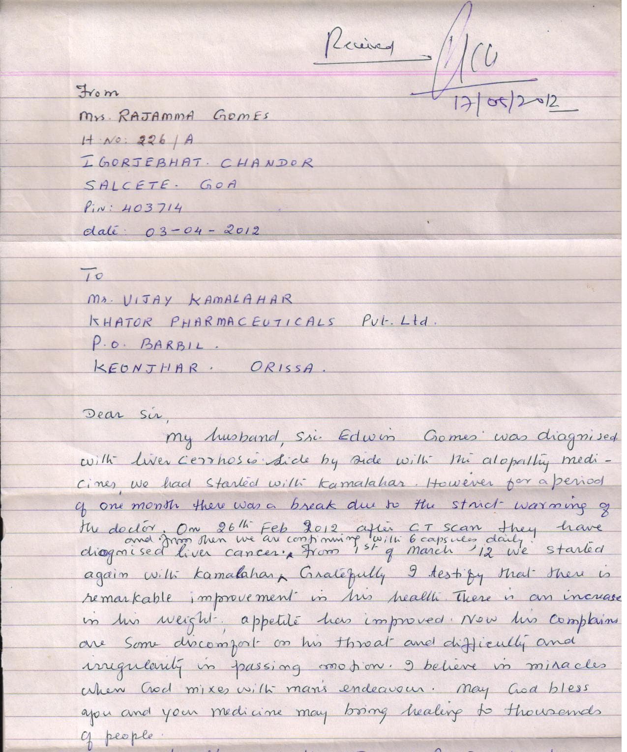 Mrs. Rajamma Gomes — attached document 1 of 1